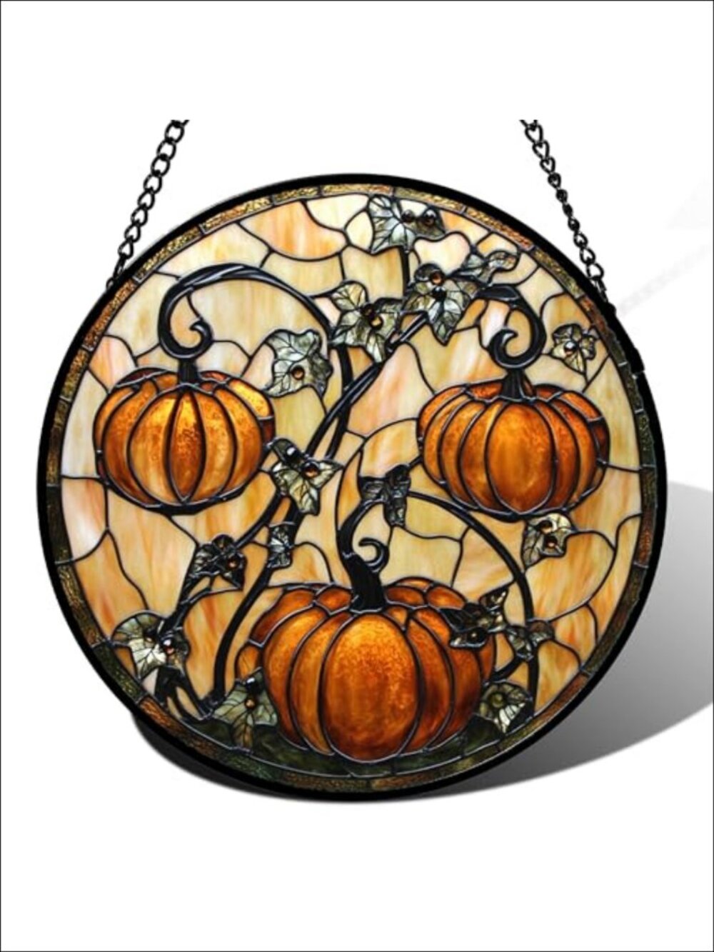 Stained Glass Window Hanging Halloween Suncatcher Pumpkin Vine Leaves